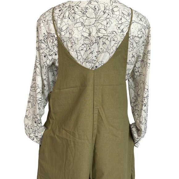 Mod Ref Sage Green Linen Jumpsuit Crop Wide Leg Overalls Womens Relaxed Fit - Picture 7 of 11